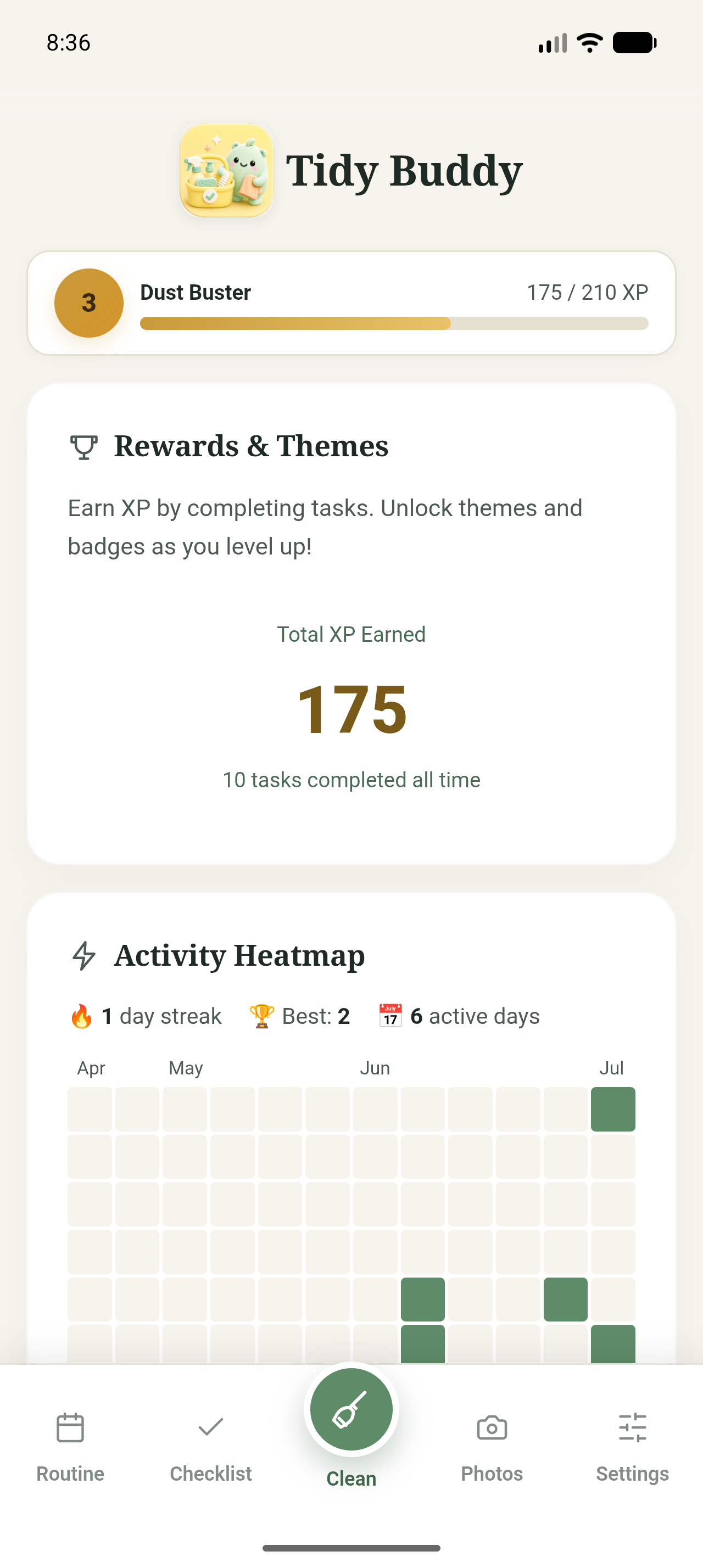 Tidy Buddy progress and rewards screen
